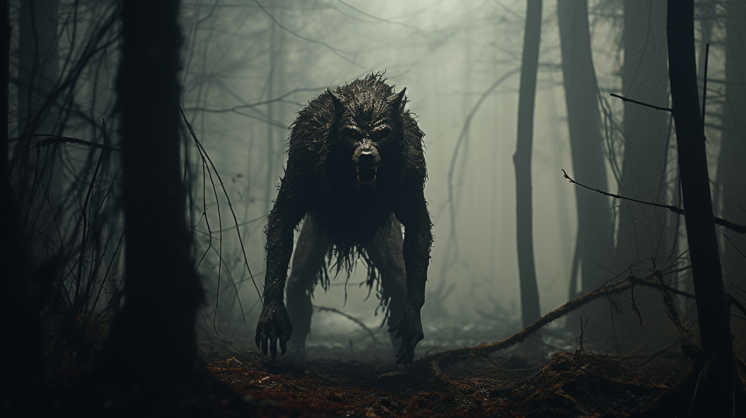A photograph of a werewolf in a misty forest