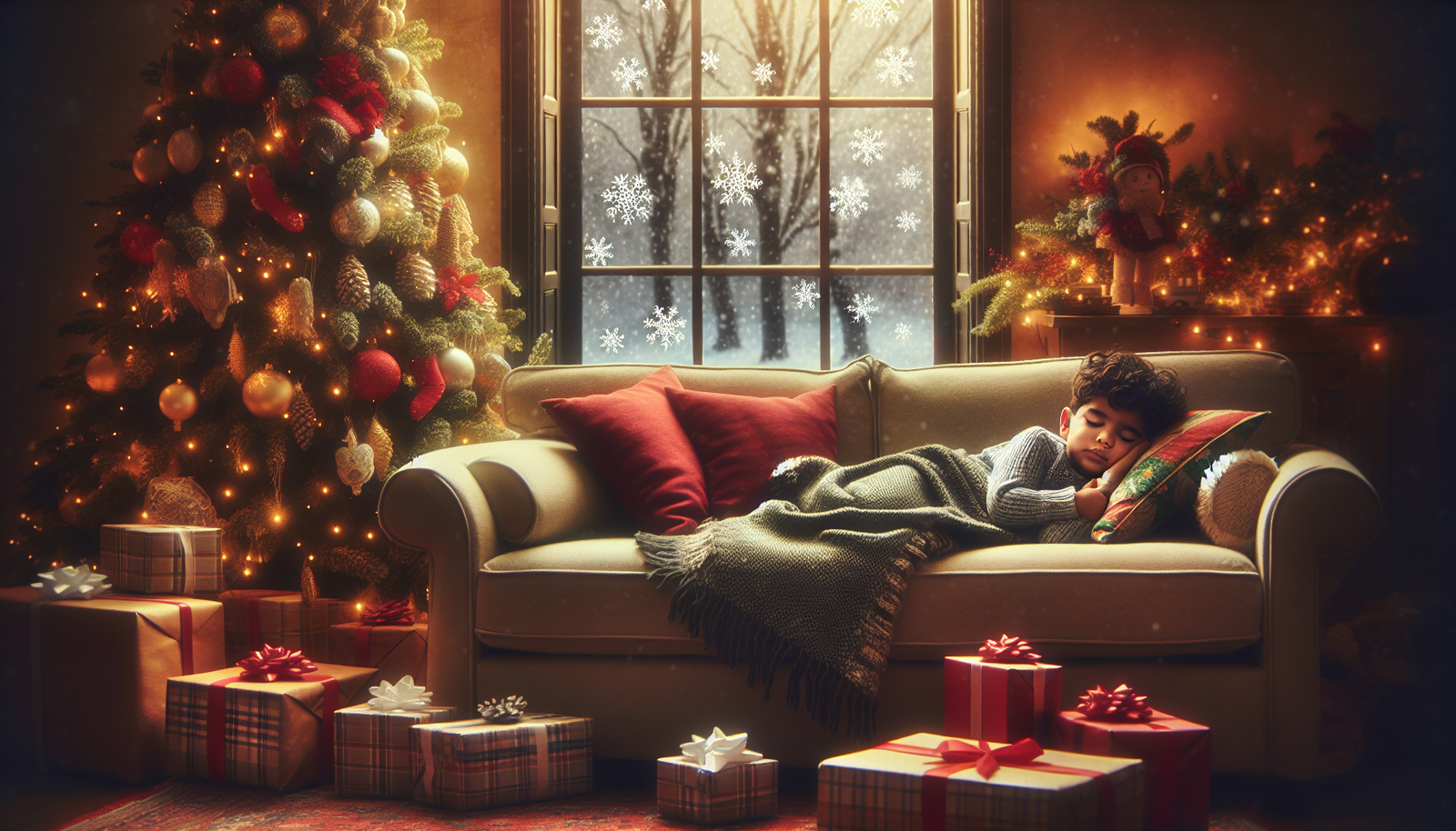 A harmonious scene of a child sleeping in a sofa next to a beautifully decorated Christmas tree.
