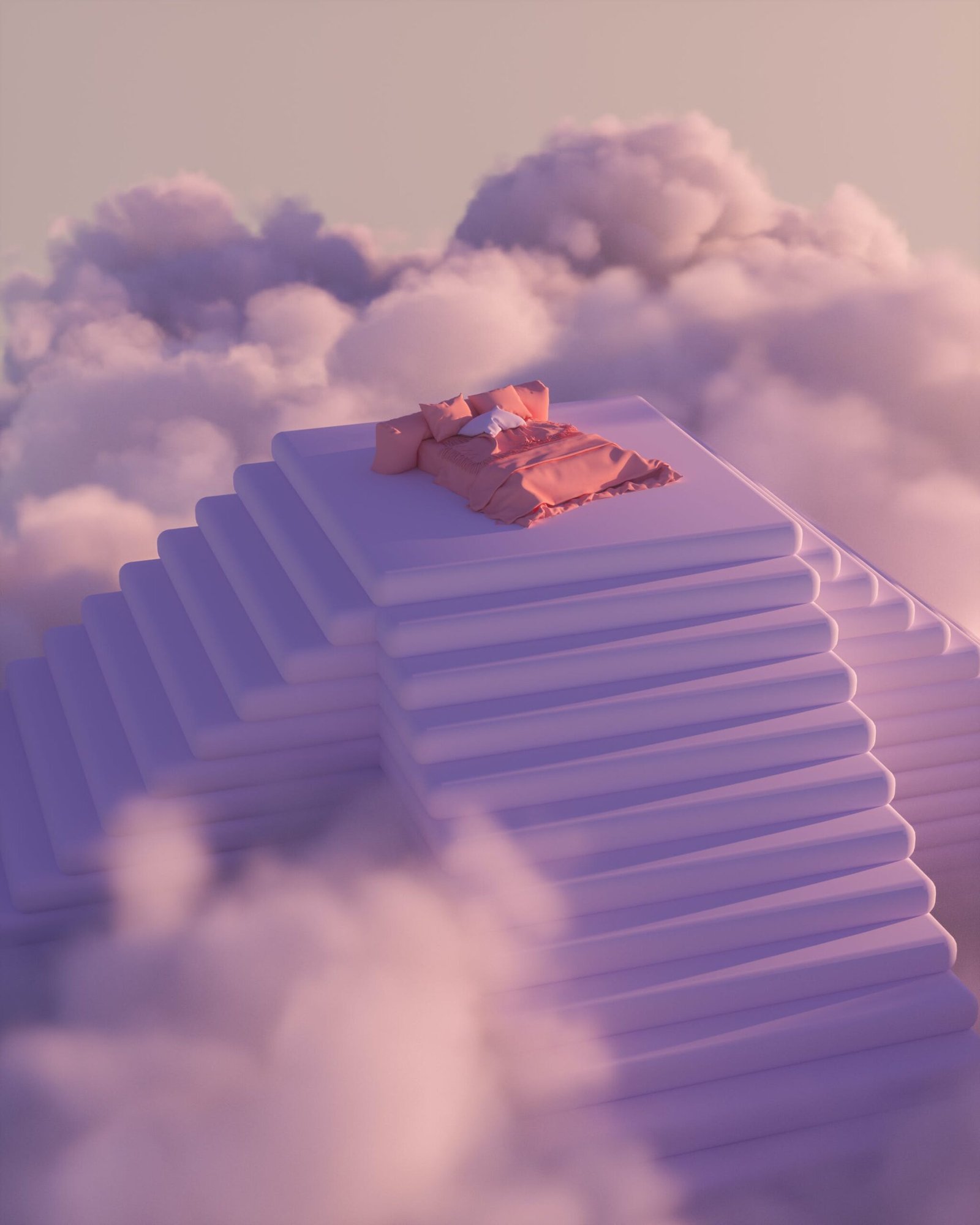 A bed atop a pyramid in the clouds, illustrating the feeling of lucid dreaming