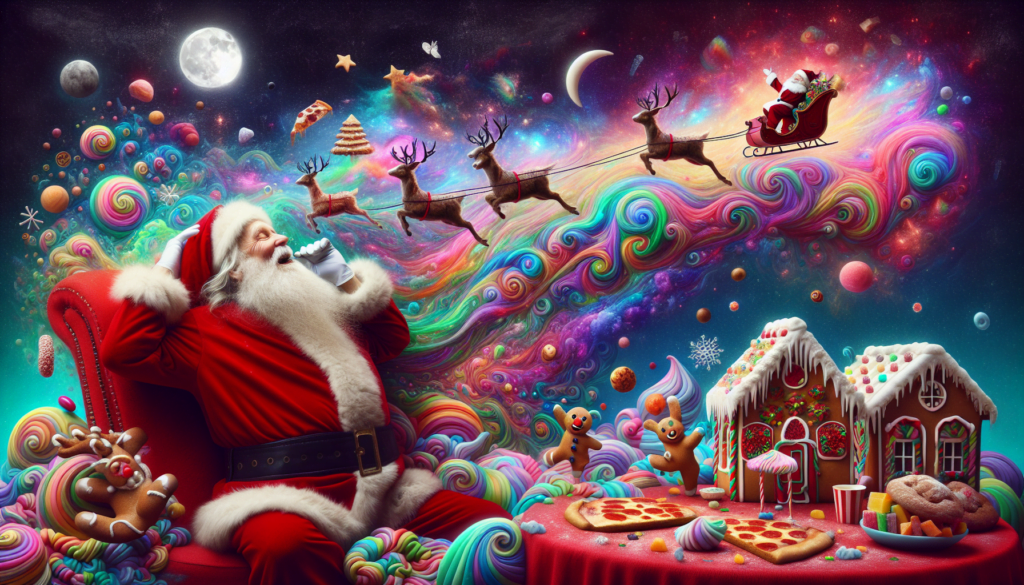 Santa is sitting in a chair having a vivid and colorful lucid dream