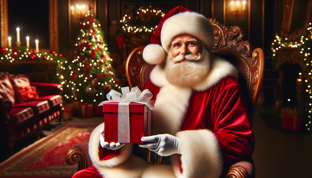 A rosy cheeked Santa Claus is handing out a special gift.