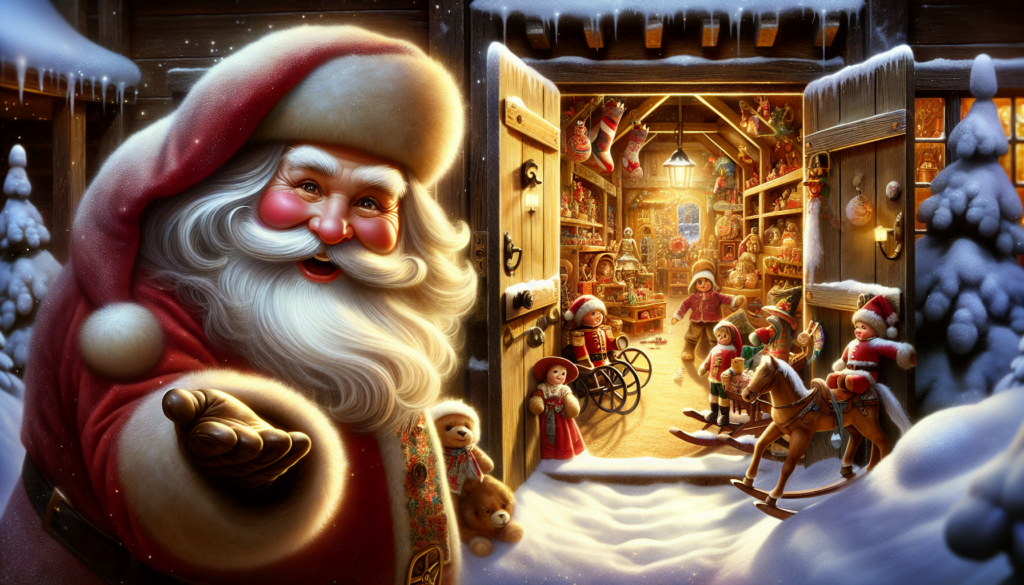A happy looking Santa is inviting you to come inside his workshop
