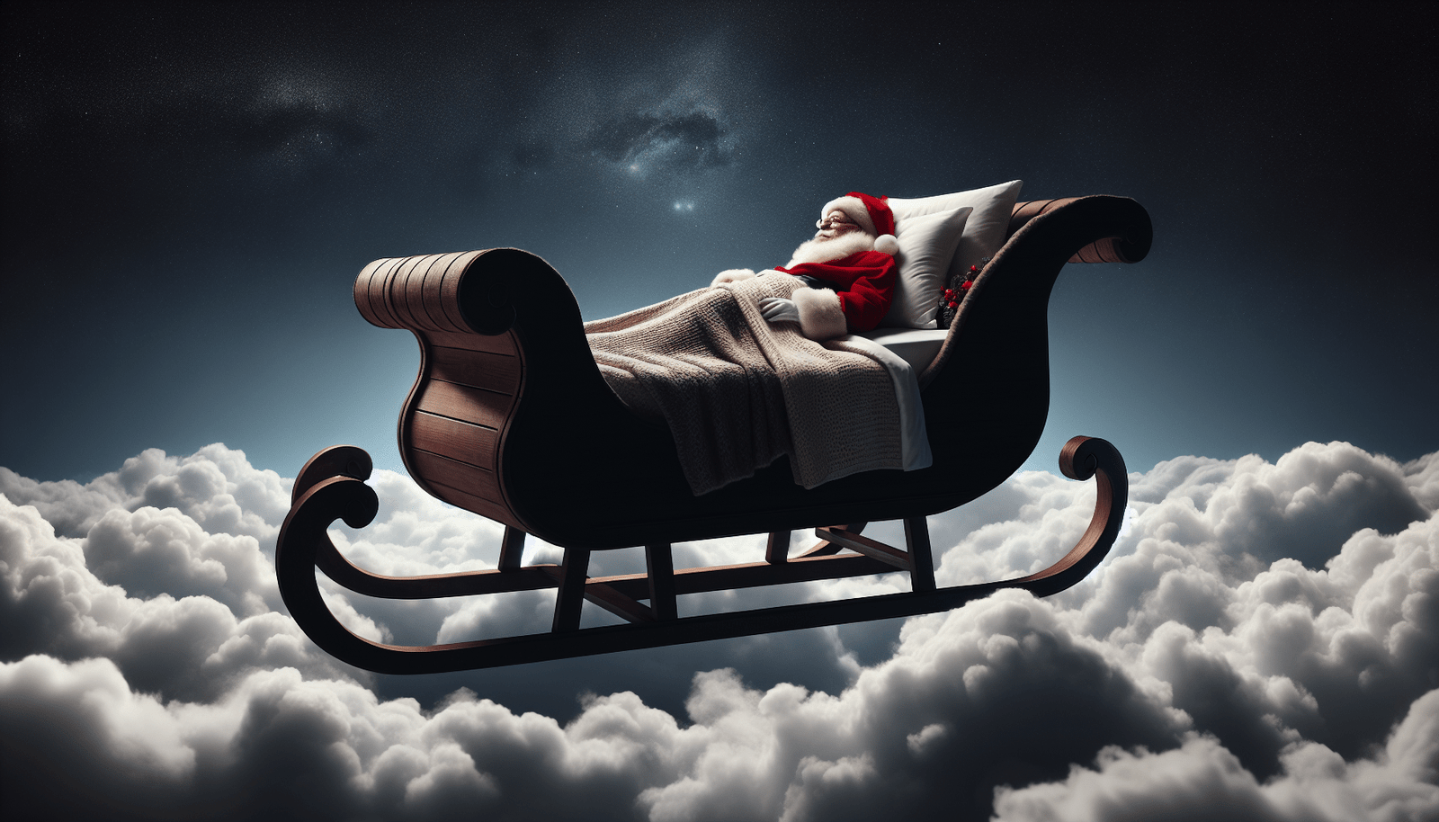 Santa Claus is sleeping in his sleigh on a bed of clouds