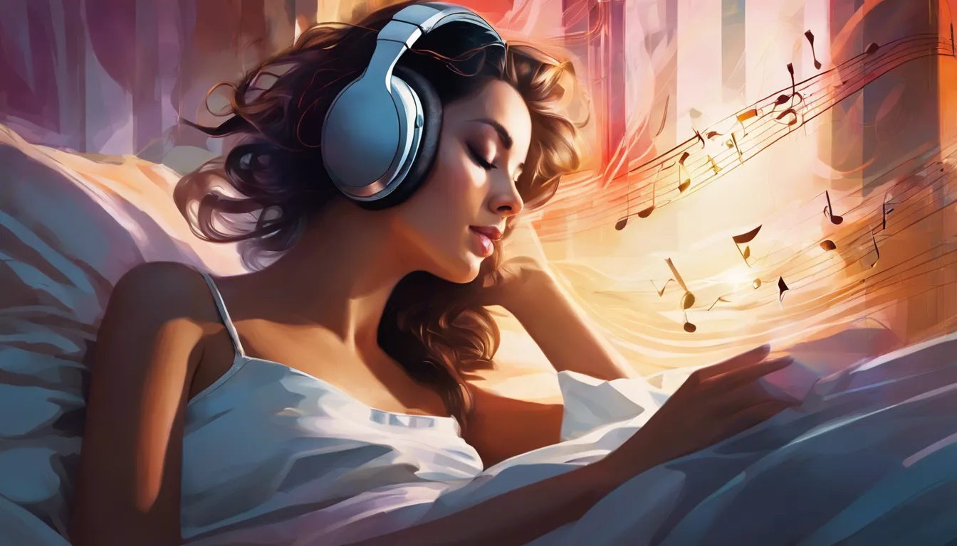A woman is lying in her bed with headphones on, listening to binaural beats to induce lucid dreams.